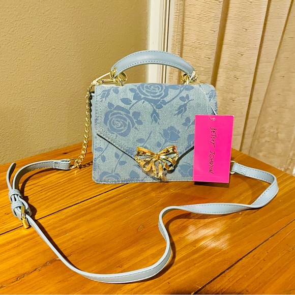 Betsey Johnson Handbags - Betsey Johnson Blue DENIM Floral Crossbody Bag with Gold Bow, NWT
